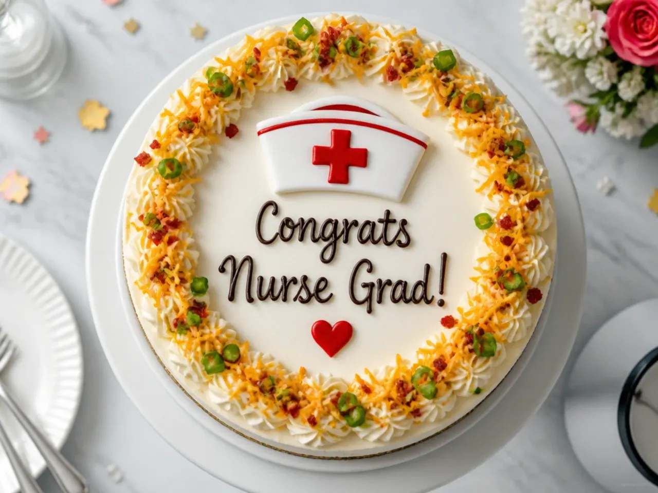Close-up of a white piped nurse cap with a red cross on top of a vanilla graduation cake