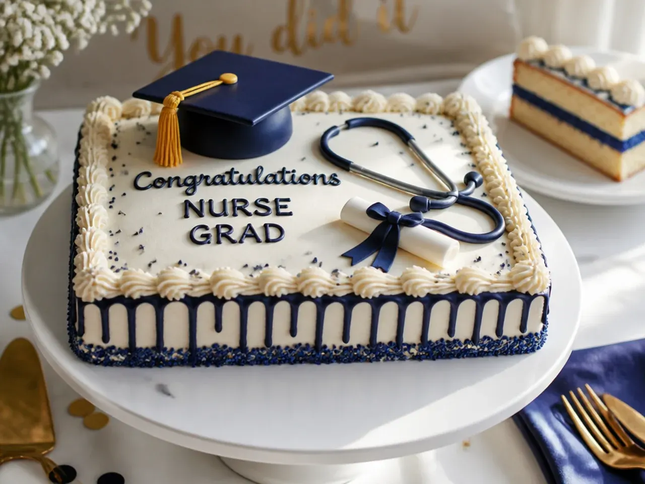 A sheet cake with a fondant diploma scroll topper tied with ribbon