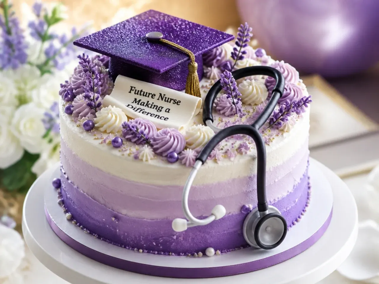 A cake with graduated lavender ombre buttercream bands from light to dark