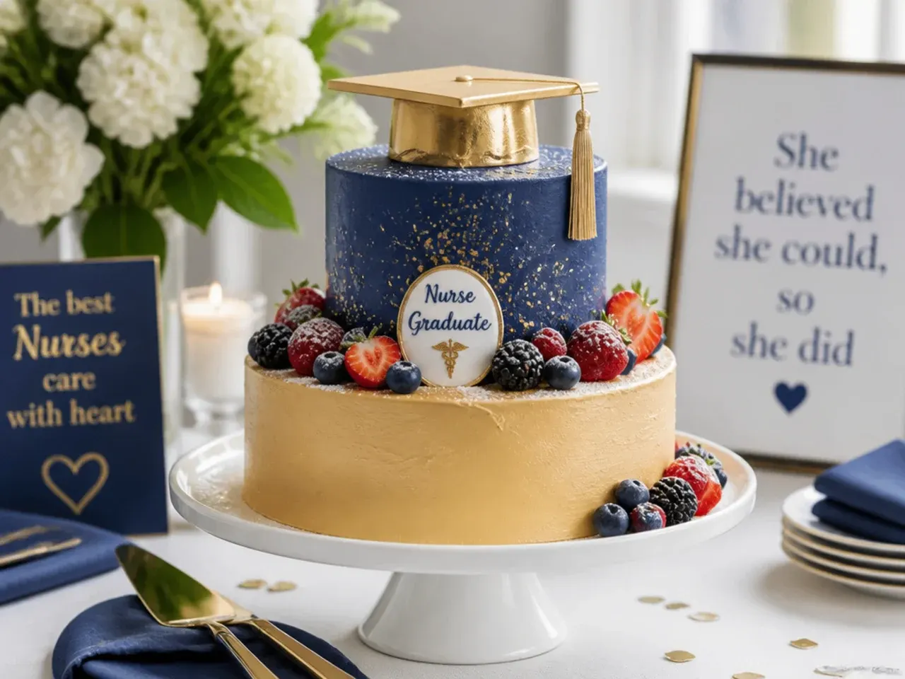 A round cake split into navy and gold buttercream halves with a gold leaf border