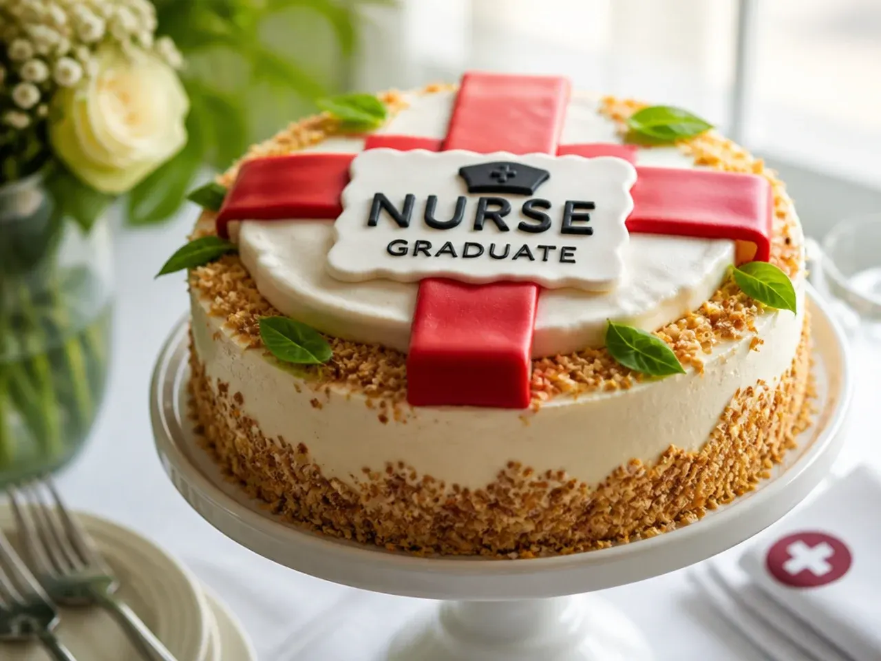 A white fondant cake with a red fondant cross and name plaque on the front