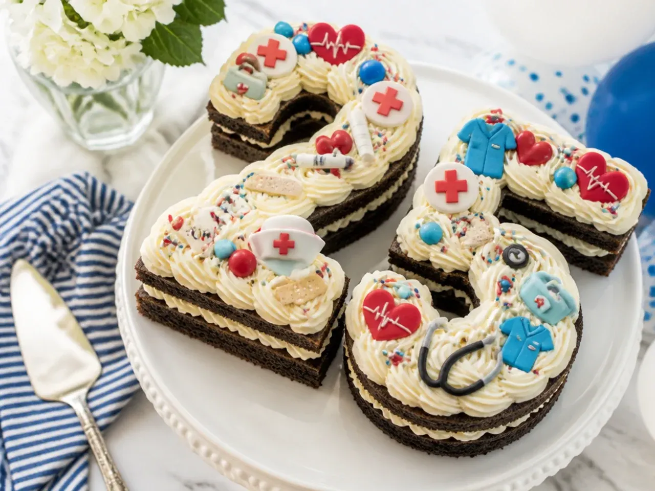 A number-shaped cake topped with fondant medical charms including a syringe and stethoscope