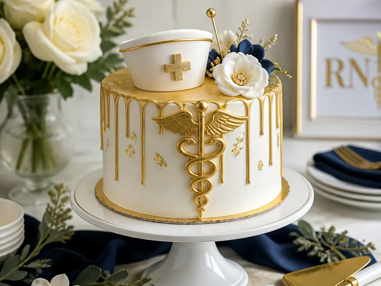 A gold drip cake topped with a gold fondant caduceus symbol