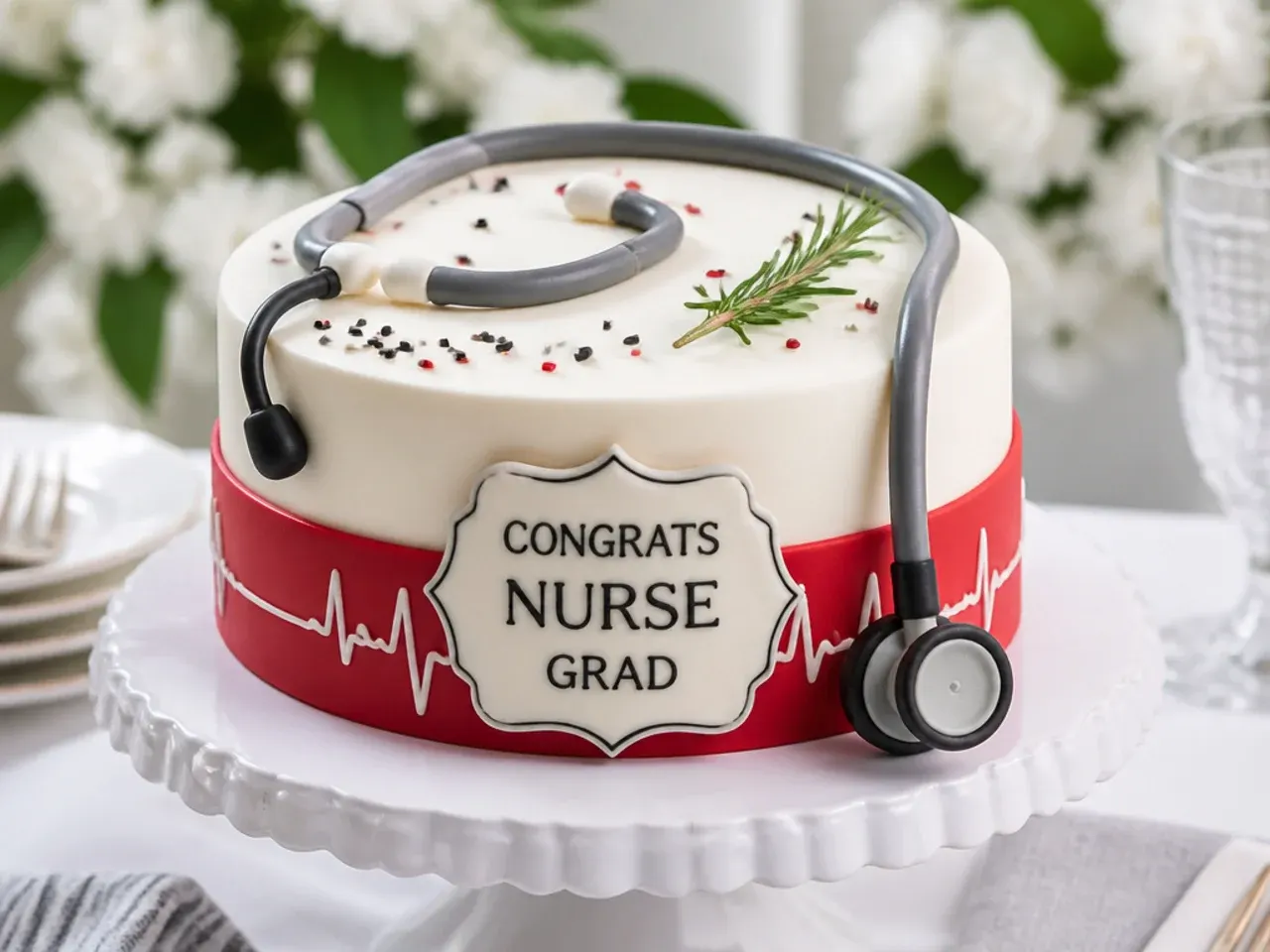A cake wrapped in a fondant stethoscope rope with silver chest piece detail