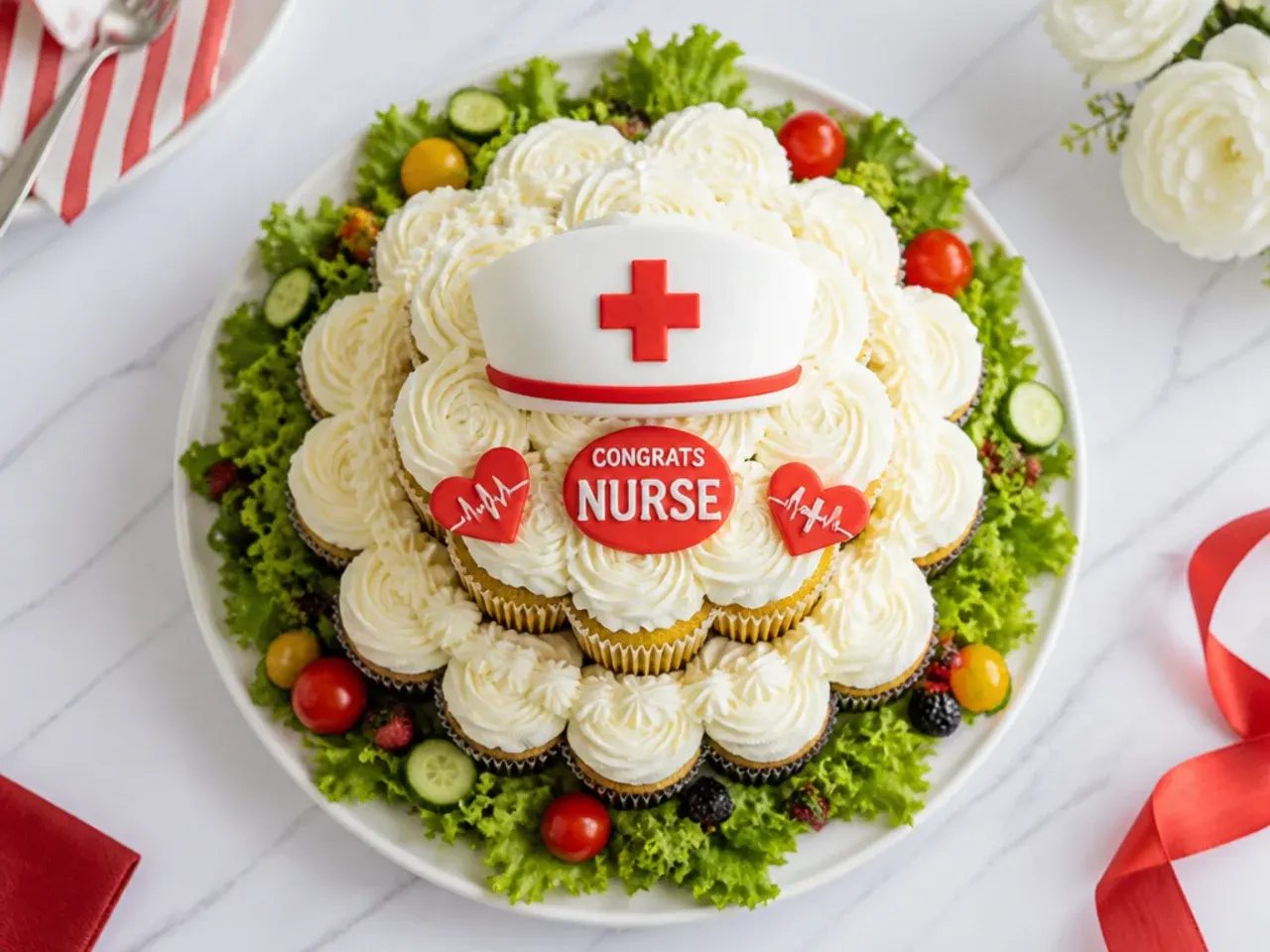 A tiered stand of cupcakes topped with mini piped nurse caps and cross sprinkles
