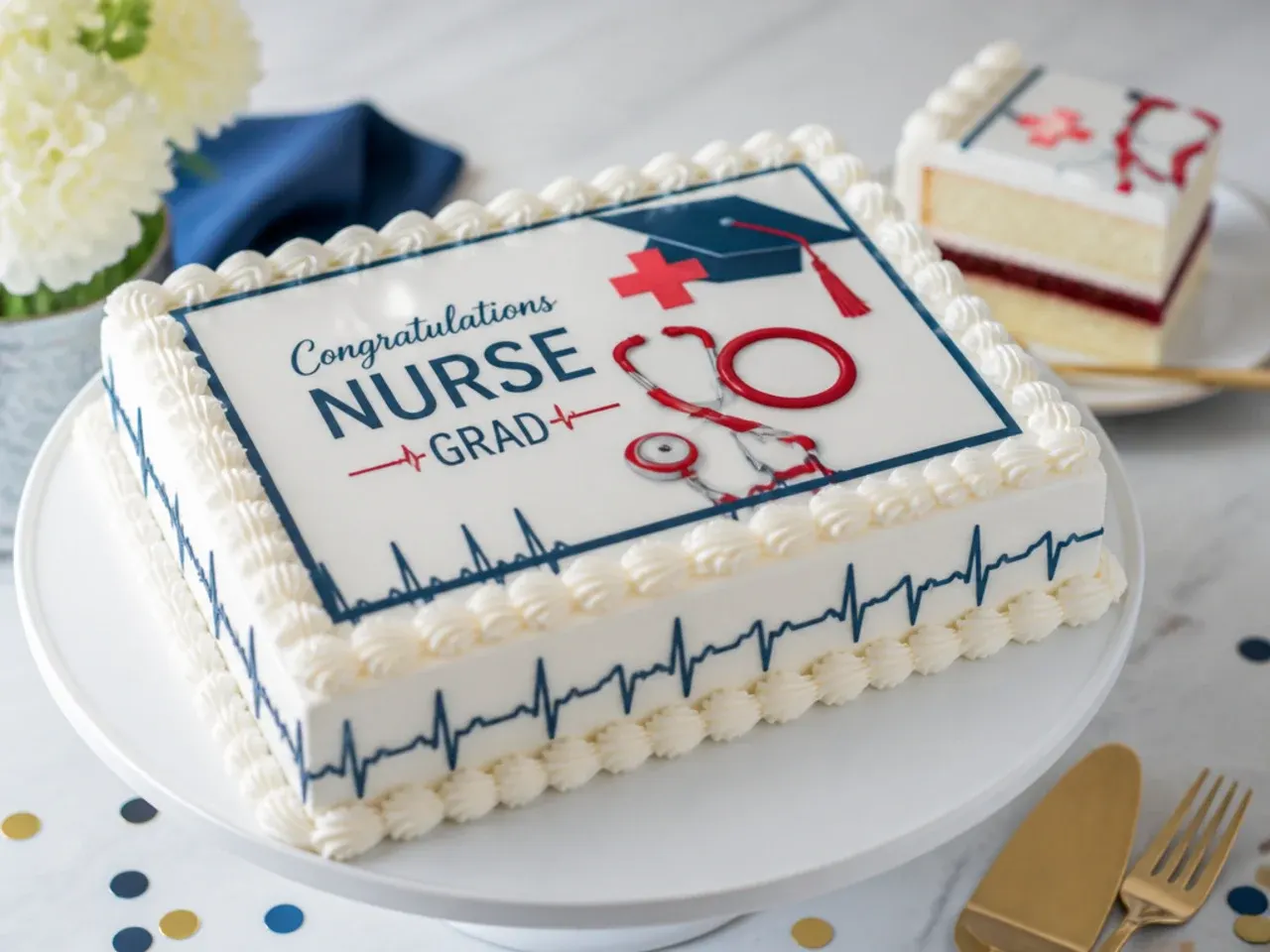 A sheet cake with an edible photo topper of a nursing graduate bordered in shell piping