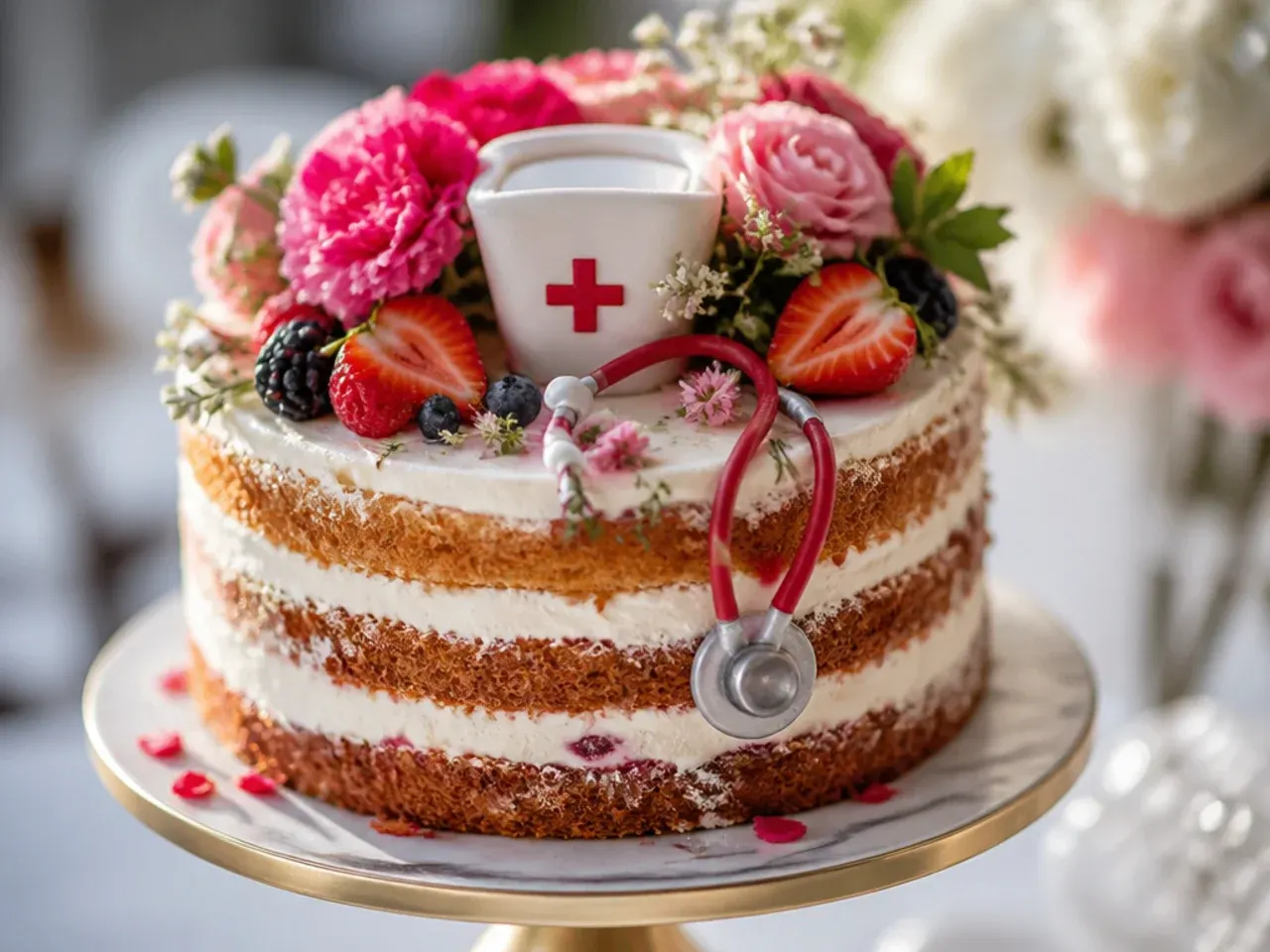 A naked cake with visible sponge layers topped with fresh flowers and a small graduation topper