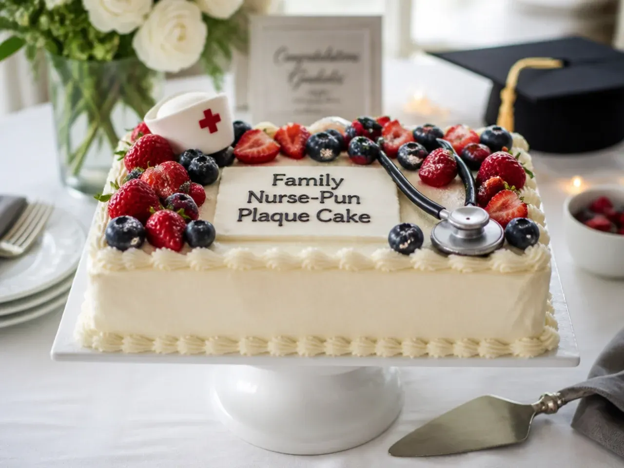 A cake with a hand-piped nursing pun message across the top in cursive buttercream lettering
