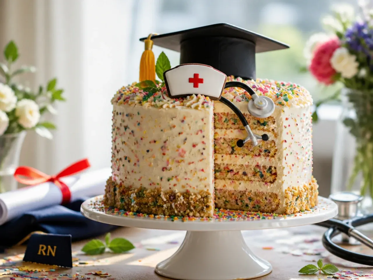 A sliced funfetti cake showing rainbow sprinkles inside a white buttercream exterior