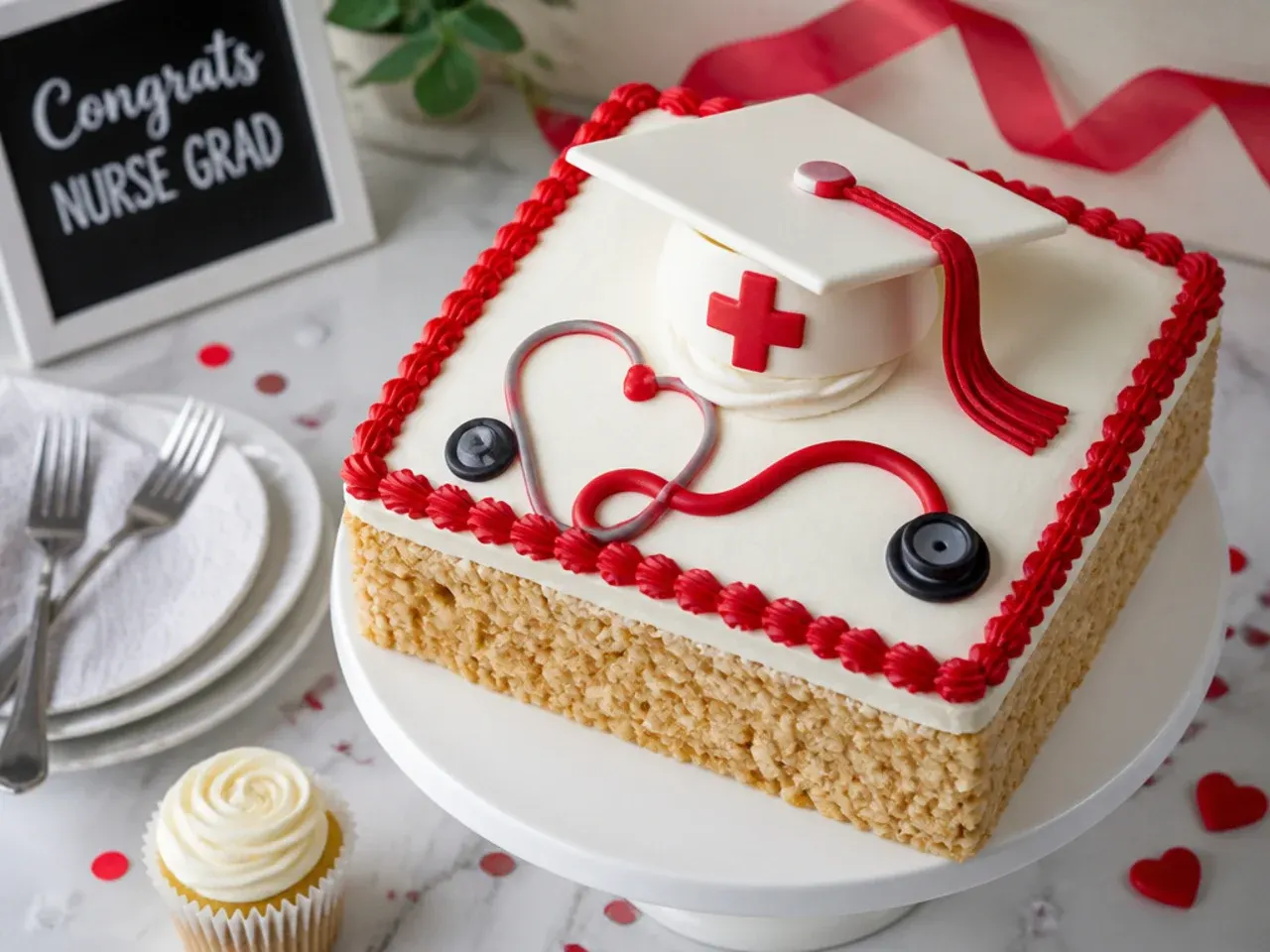 A no-bake rice cereal nurse cap topper covered in white fondant beside a finished cake