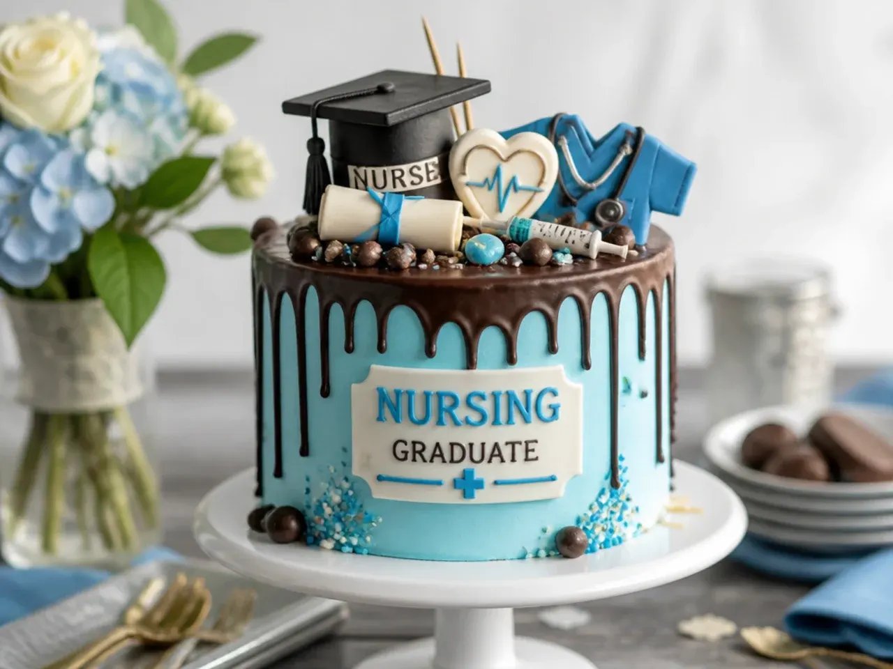 A deep blue ganache drip cake with a white piped nurse cap on top