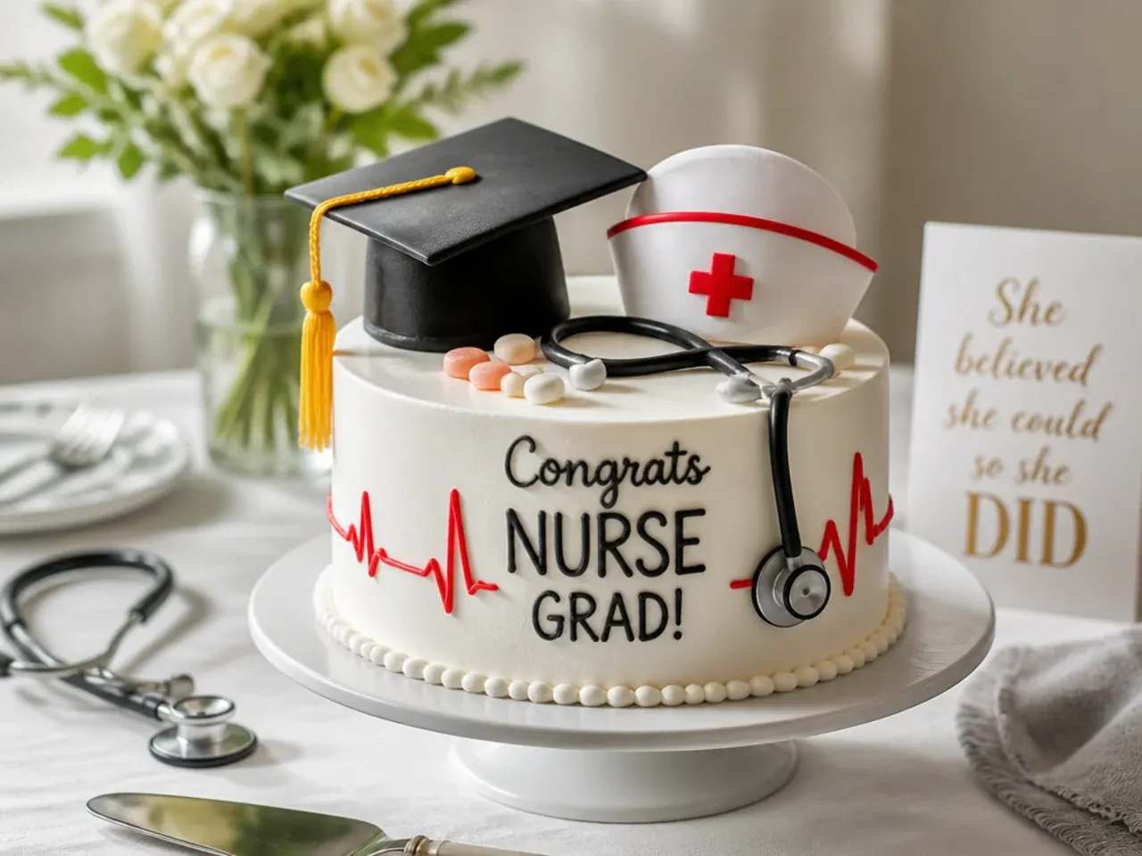 Slices of nurse graduation cake served on plates alongside coffee cups