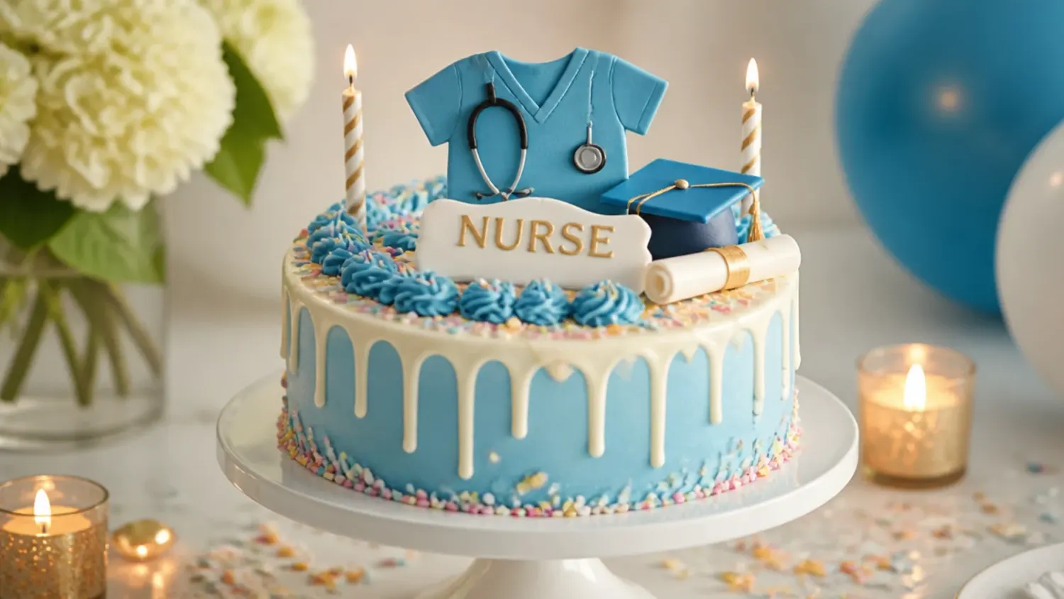 A two-tier navy and white nurse graduation cake topped with a fondant stethoscope, nurse cap and gold RN script