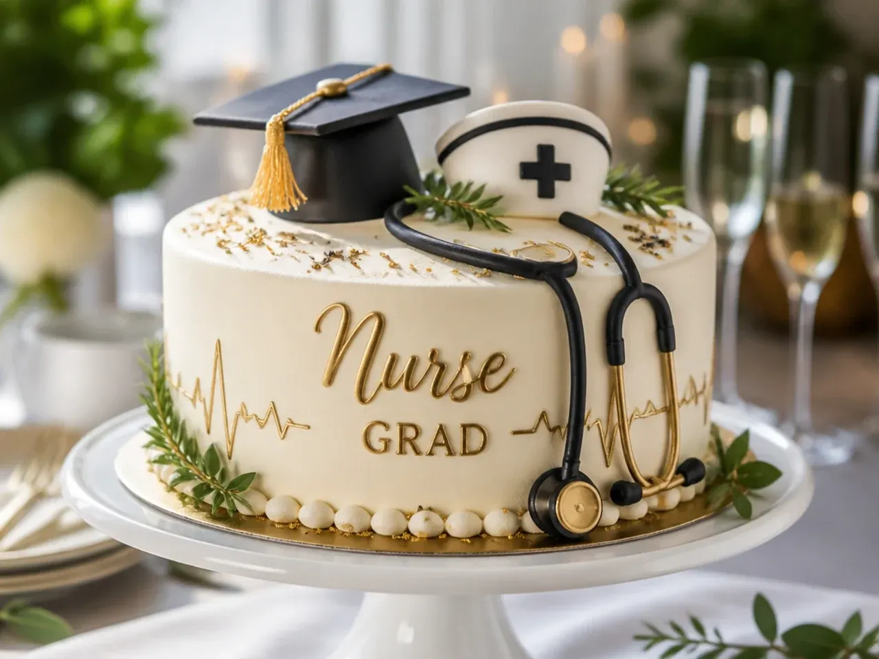 Buttercream piped stethoscope decoration transferred onto a nurse graduation cake
