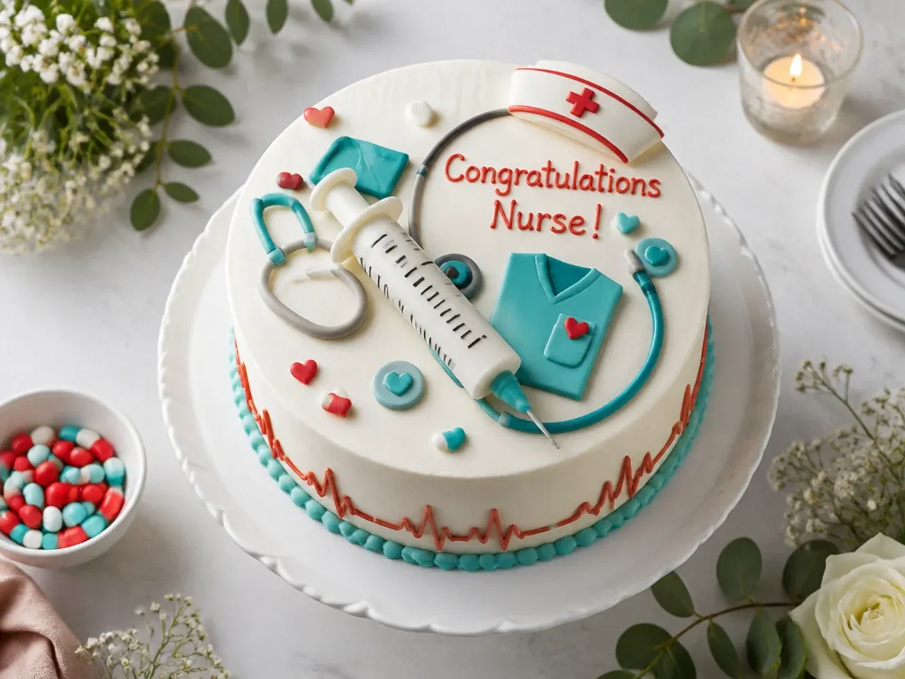 Fondant syringe topper built around a skewer support drying on a cake board