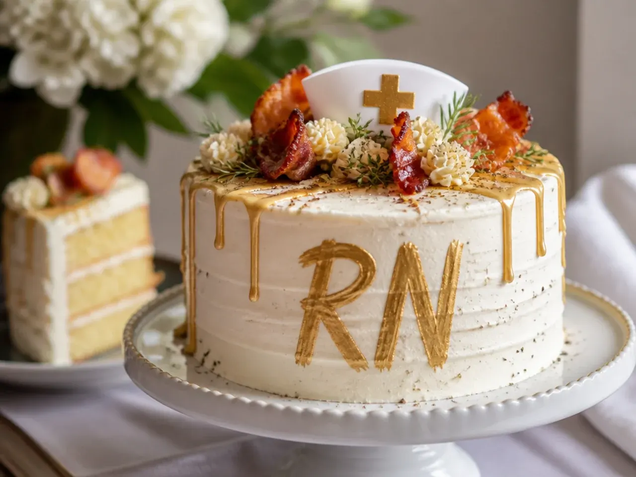 Gold lustre dust being brushed onto raised royal icing RN lettering on a cake