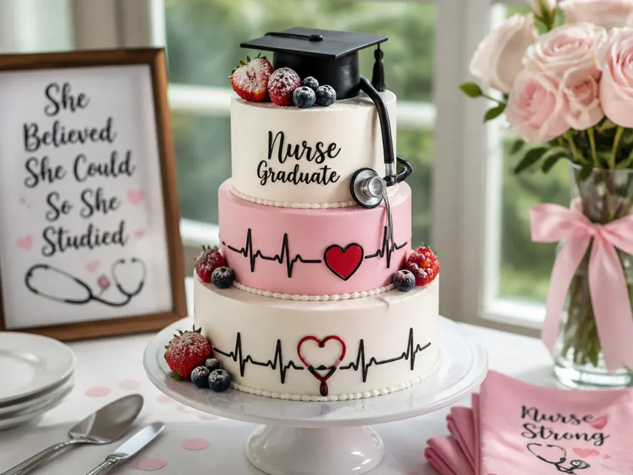 Wooden dowels inserted into the bottom tier of a stacked nurse graduation cake
