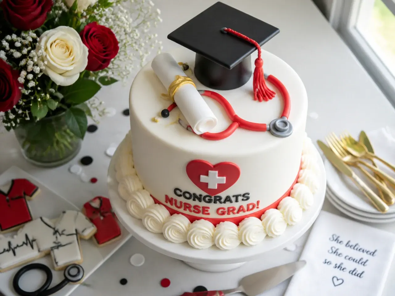 Fondant graduation cap topper anchored with a skewer into the top of a nurse cake