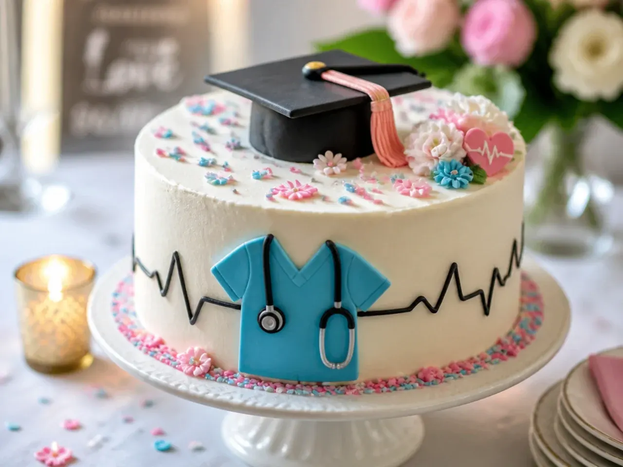 Edible wafer paper caduceus symbol sealed with piping gel on a graduation cake