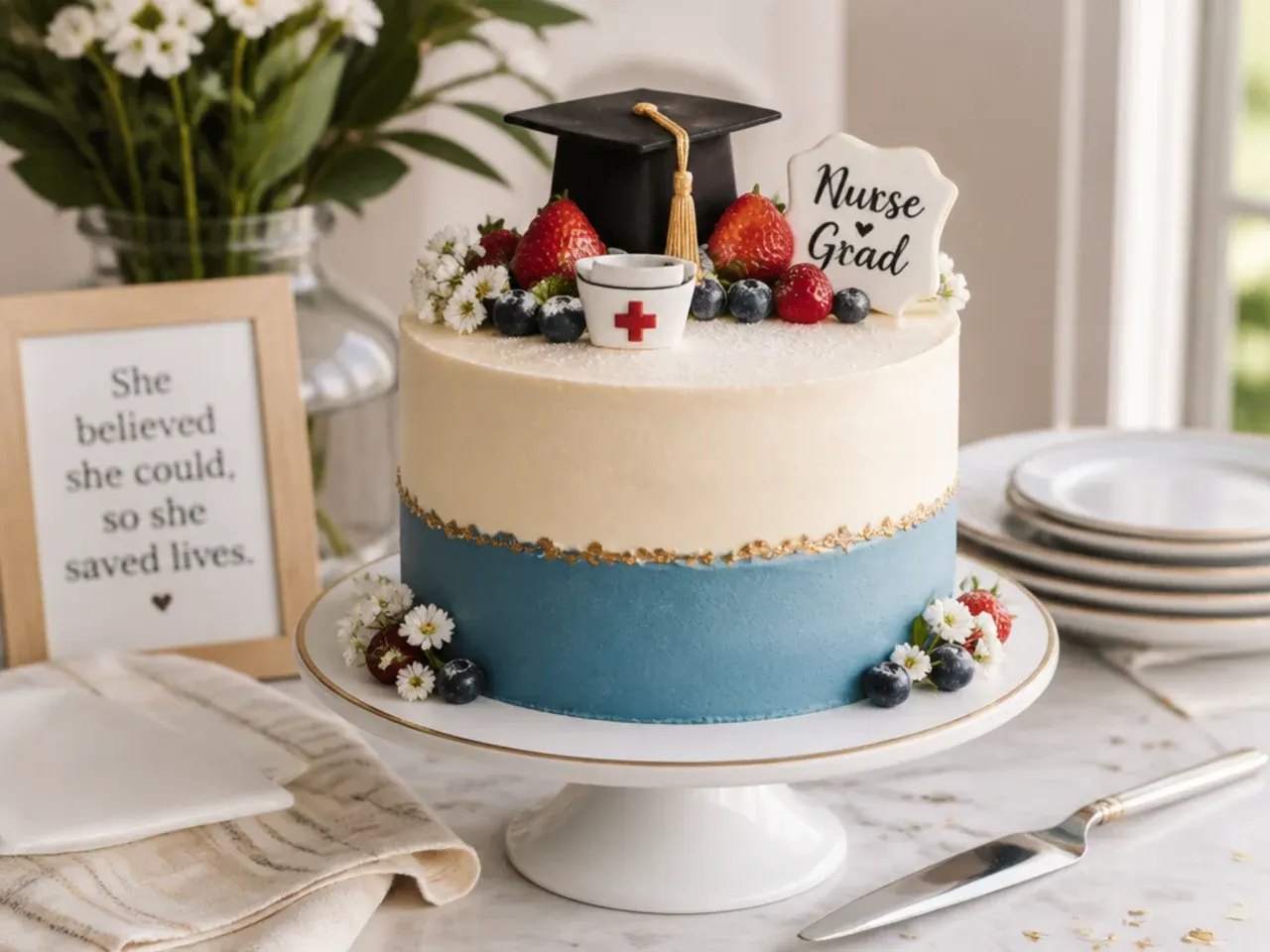 Chilled navy and white cake tiers being stacked without colour bleeding