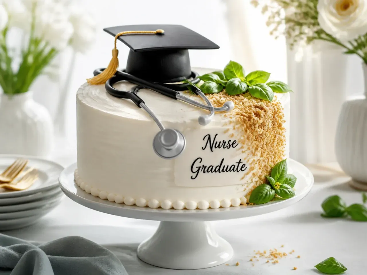 Simple nurse graduation cake with one stethoscope motif and clean lettering