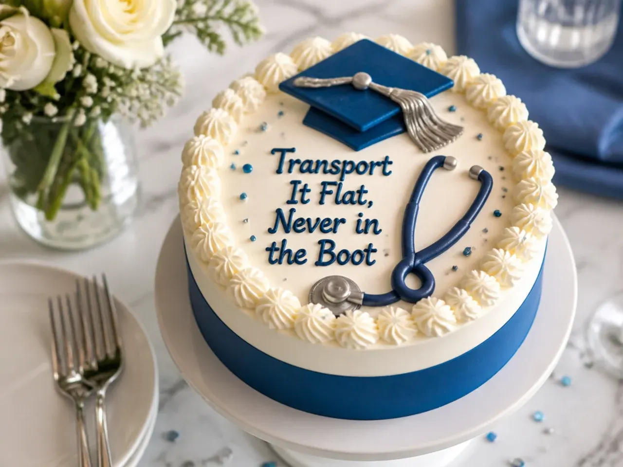Tiered nurse graduation cake secured on a non-slip mat in a car footwell for transport