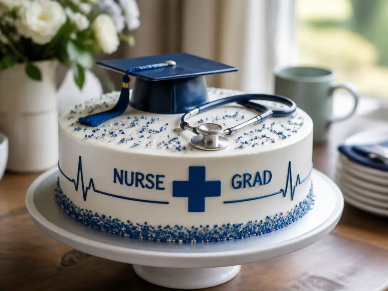 Finished navy and white nurse graduation cake ready to be delivered to a party