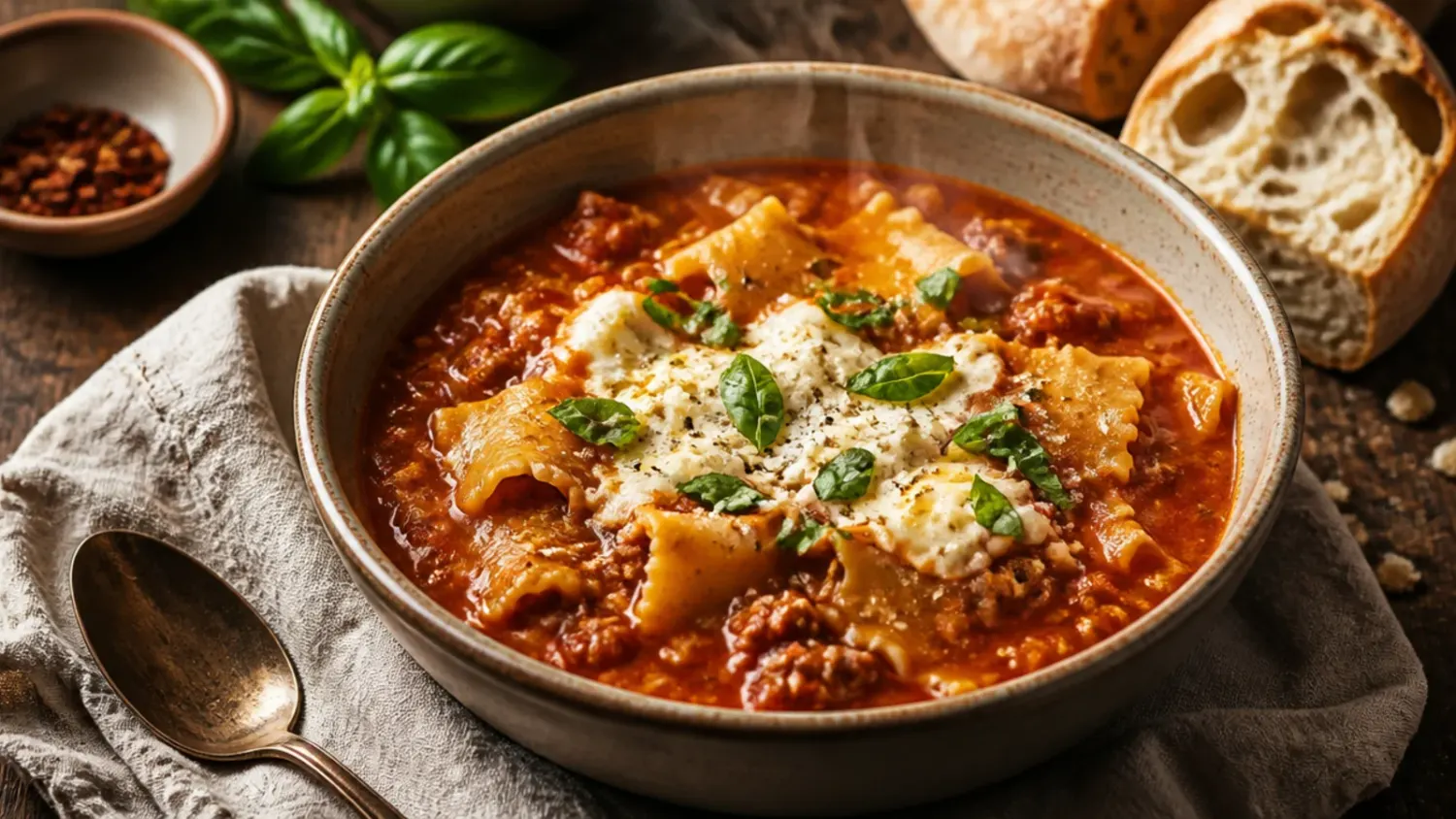 Overhead shot of a Dutch oven filled with creamy one pot lasagna soup, topped with a dollop of ricotta, melted mozzarella and torn basil leaves.