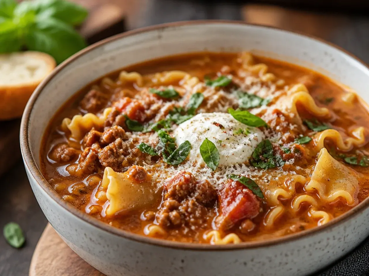 Close-up of steaming one pot lasagna soup in a white bowl with a spoon resting on the side.