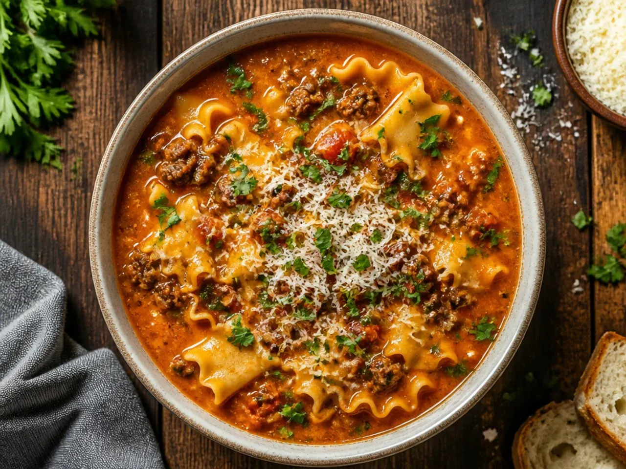Pot of classic beef and sausage lasagna soup simmering with visible tomato broth and broken noodles.