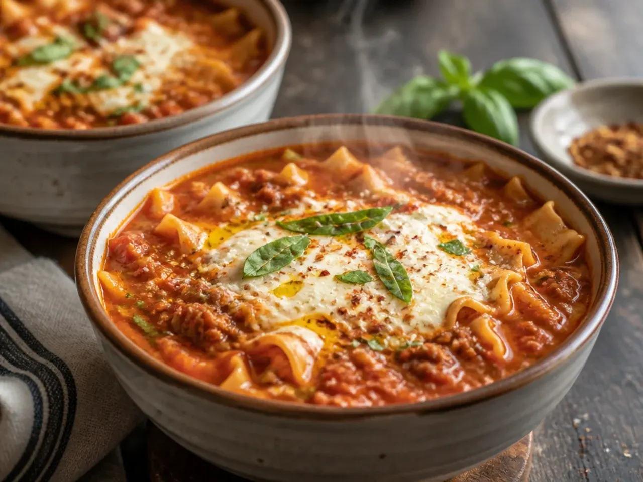 Quick weeknight lasagna soup in a bowl with a slice of bread on the side, ready in under 30 minutes.