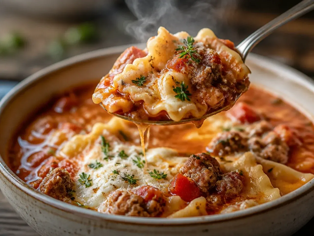 Slow cooker filled with lasagna soup broth before the noodles have been stirred in.