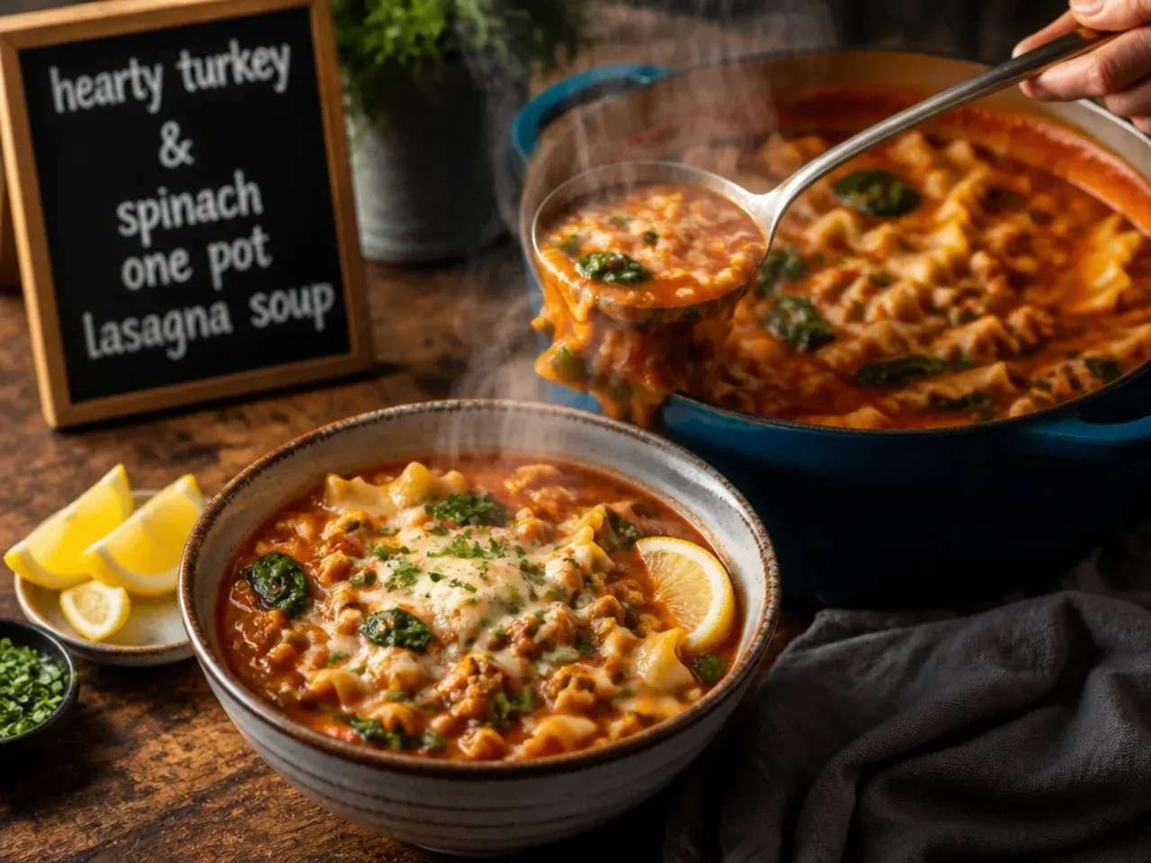 Bowl of turkey and spinach lasagna soup with visible wilted greens throughout the broth.