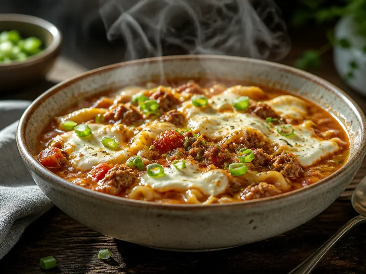Creamy pale-orange lasagna soup with ricotta swirled through the broth in a ladle.