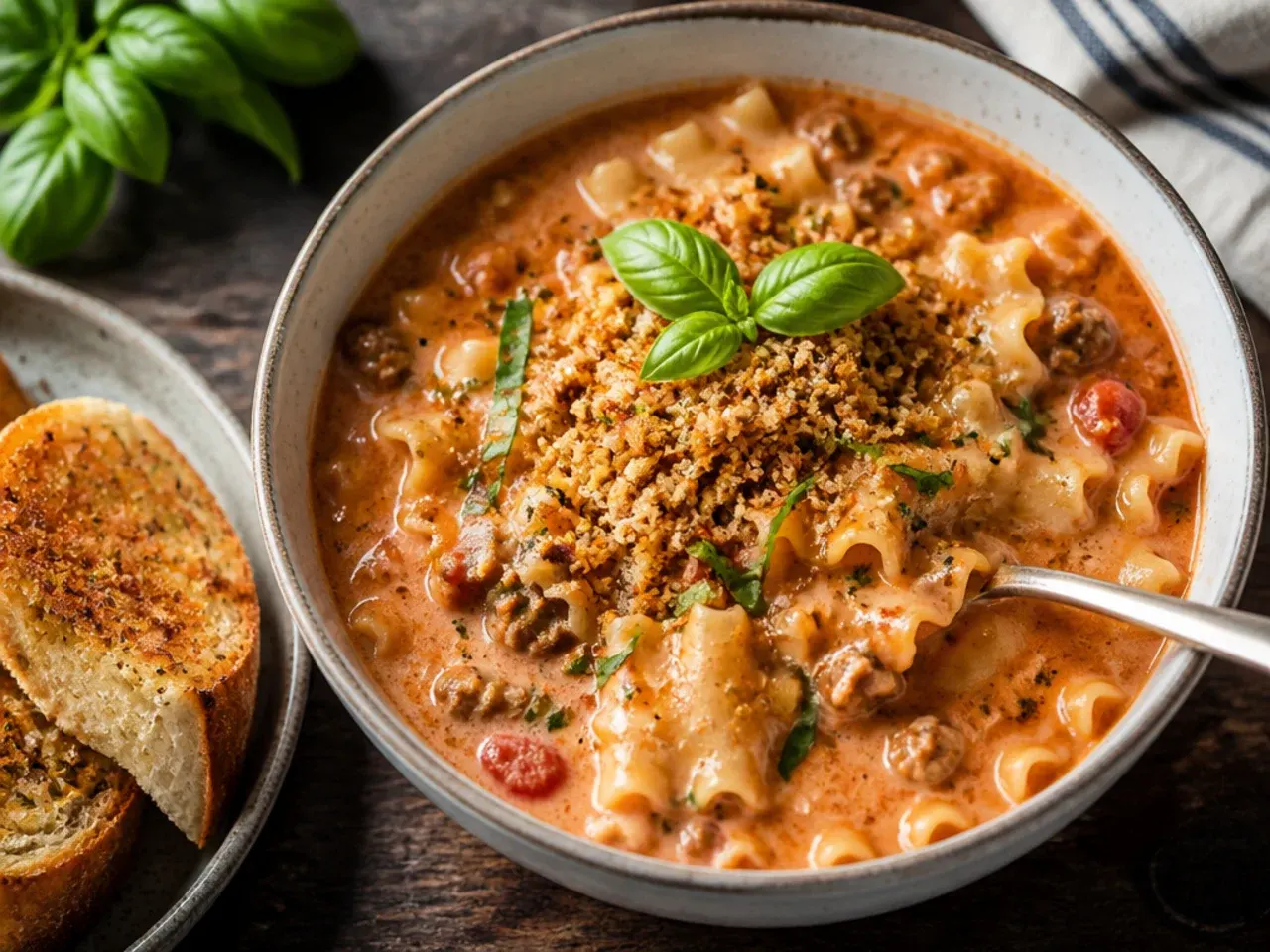 Simple five-ingredient lasagna soup with melted mozzarella on top in a rustic bowl.