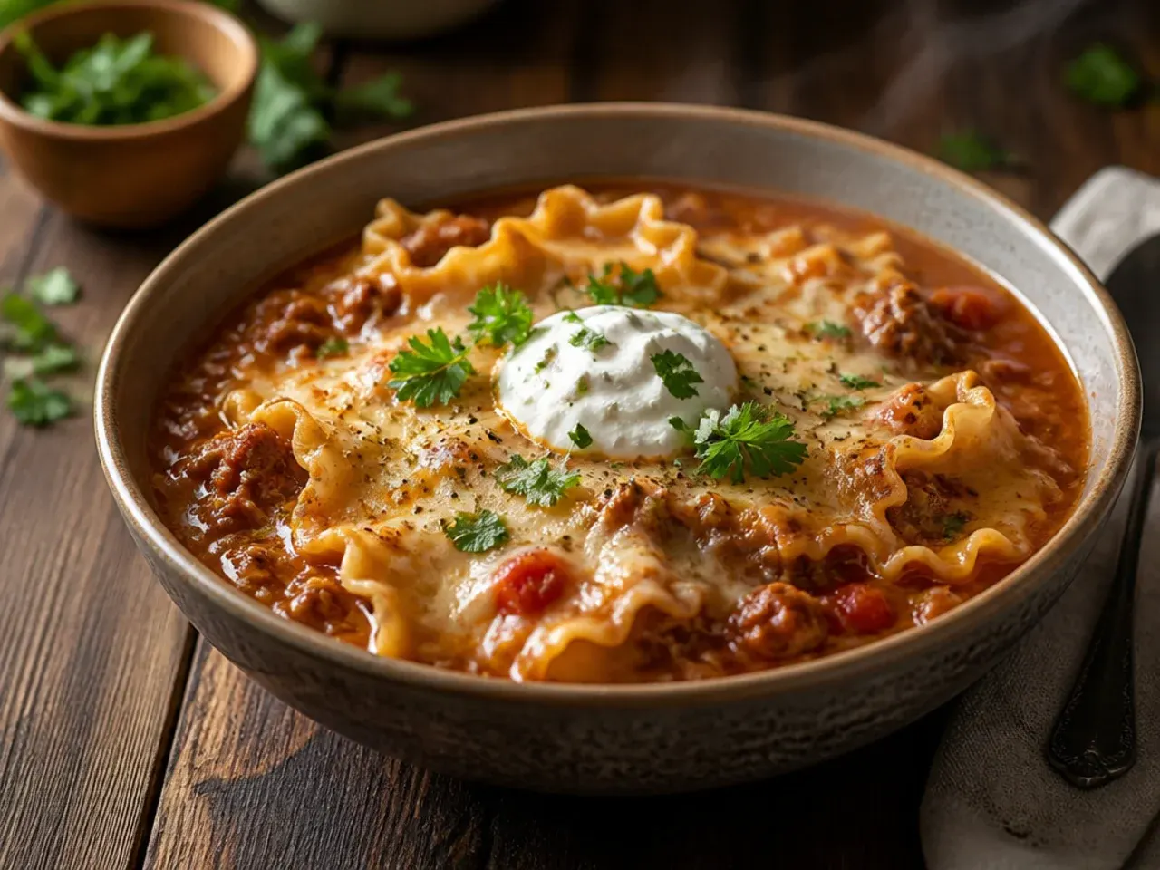 Extra-cheesy lasagna soup with strings of melted cheese being pulled up from the bowl.