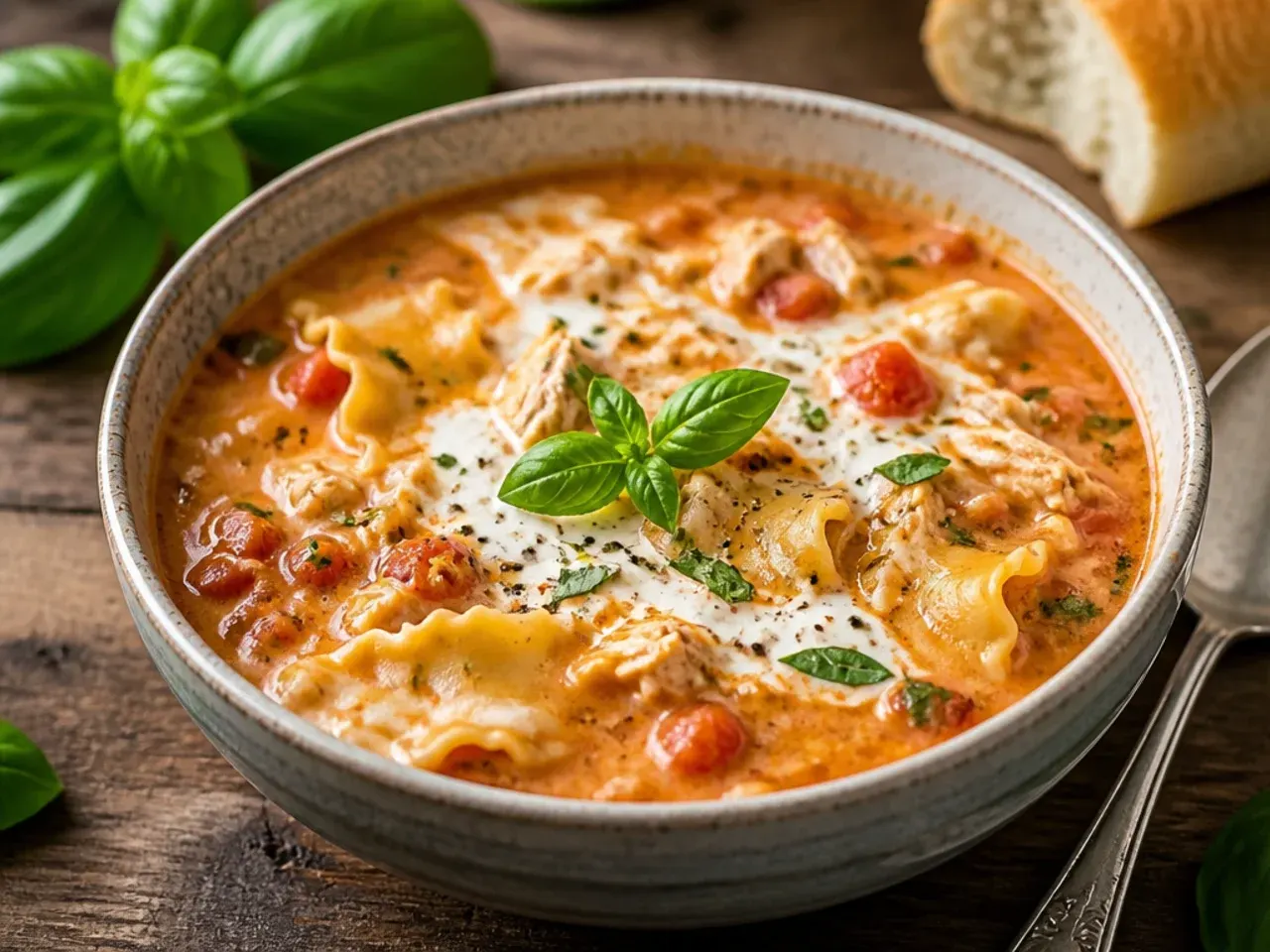Bowl of chicken lasagna soup with shredded chicken pieces visible in the tomato broth.