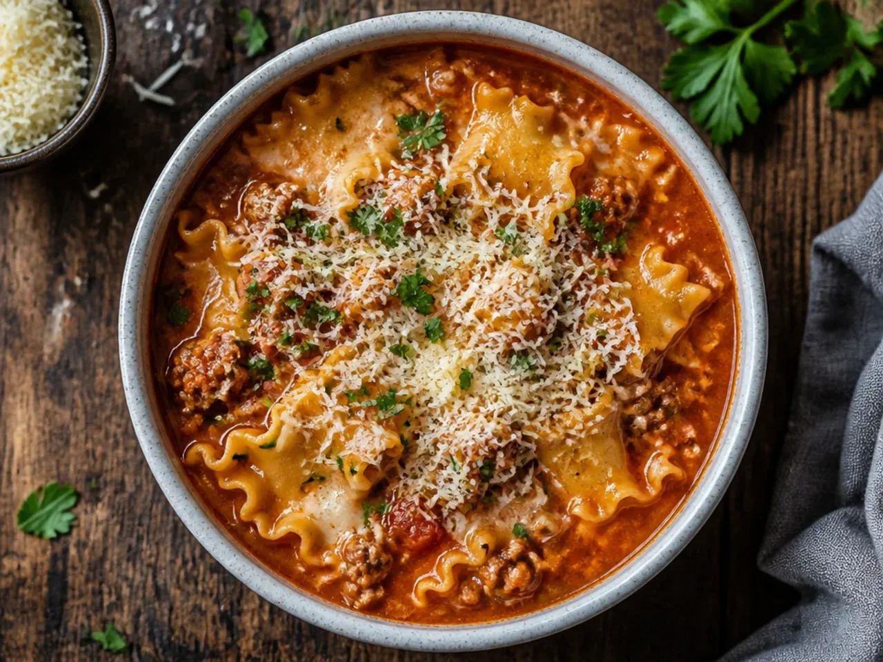 Budget-friendly lasagna soup made with pantry staples served in a simple bowl.