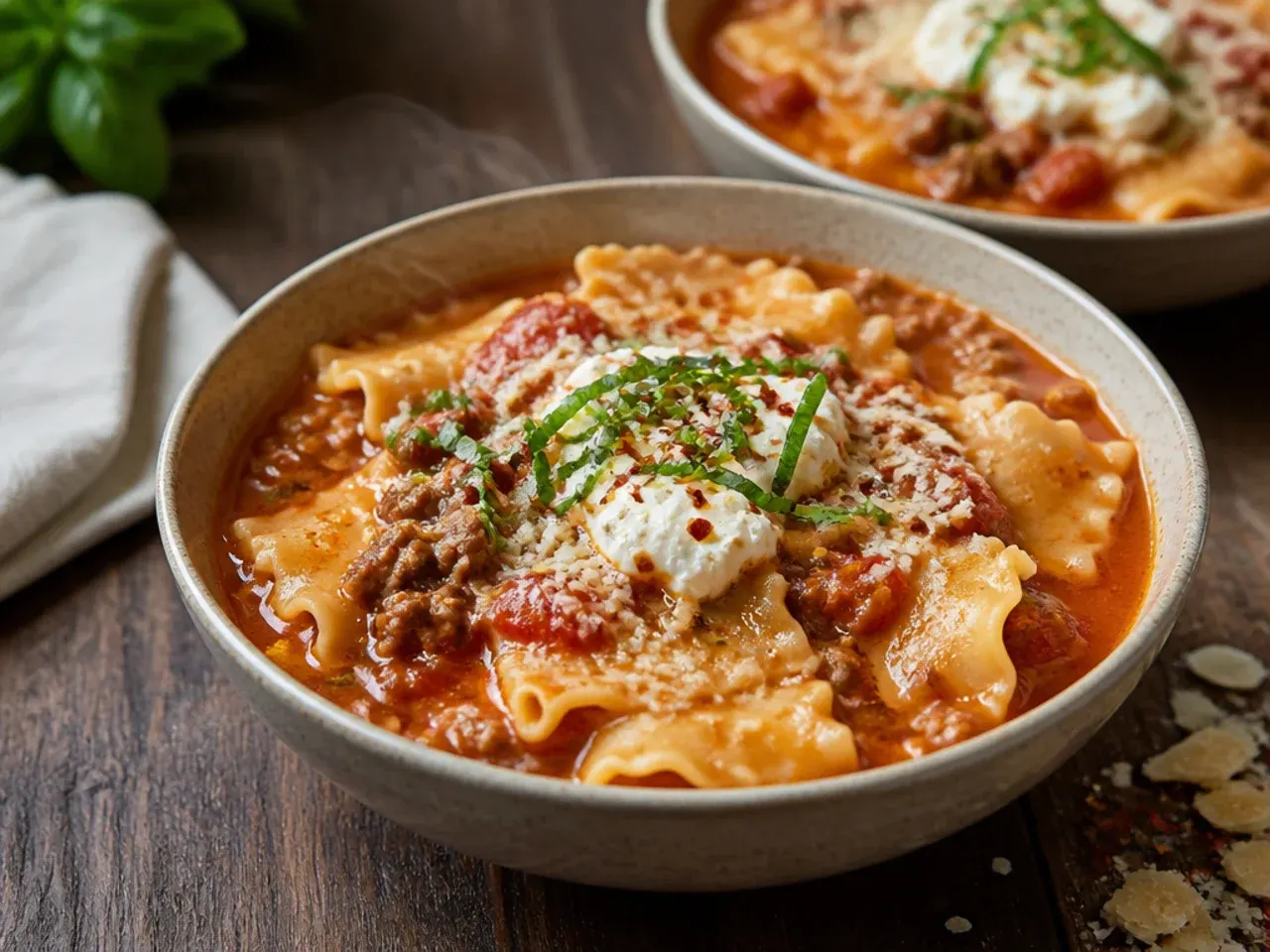 Electric pressure cooker open with finished lasagna soup inside, steam rising.