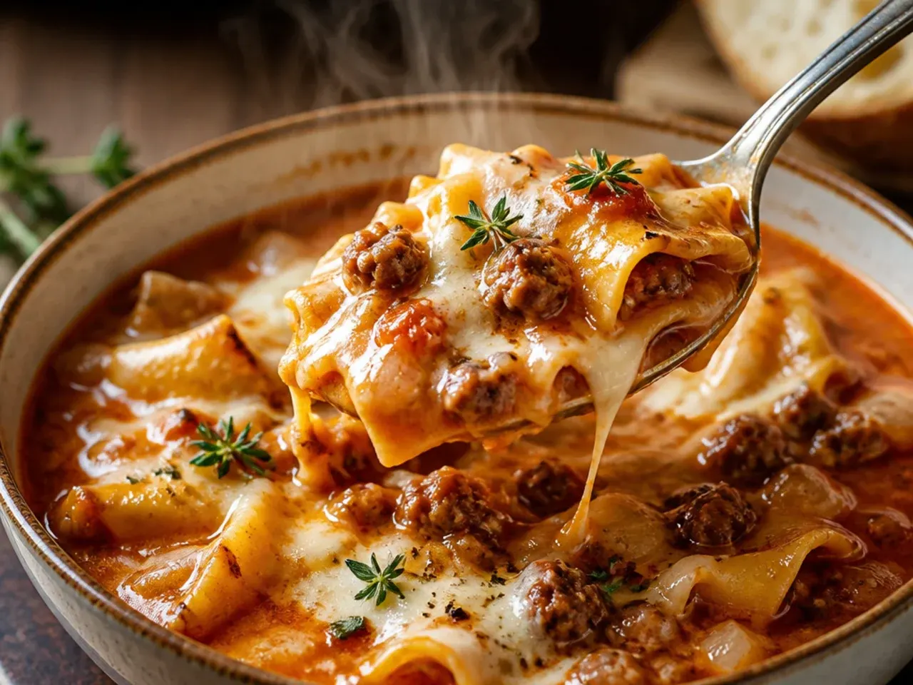 Rustic lasagna soup with torn noodle pieces and visible sausage crumbles in a deep bowl.