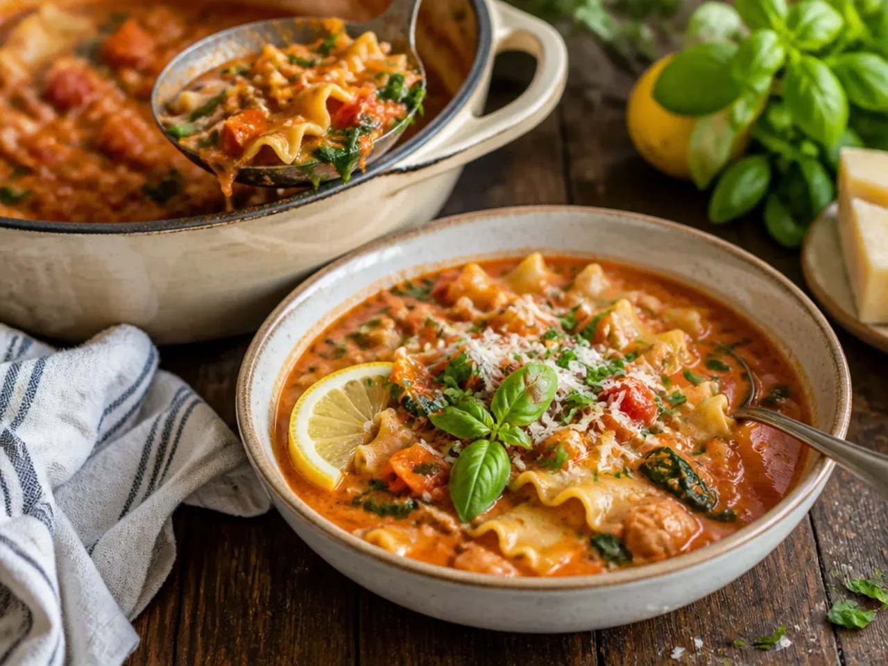 Loaded vegetable lasagna soup with courgette, mushrooms and spinach visible in the broth.