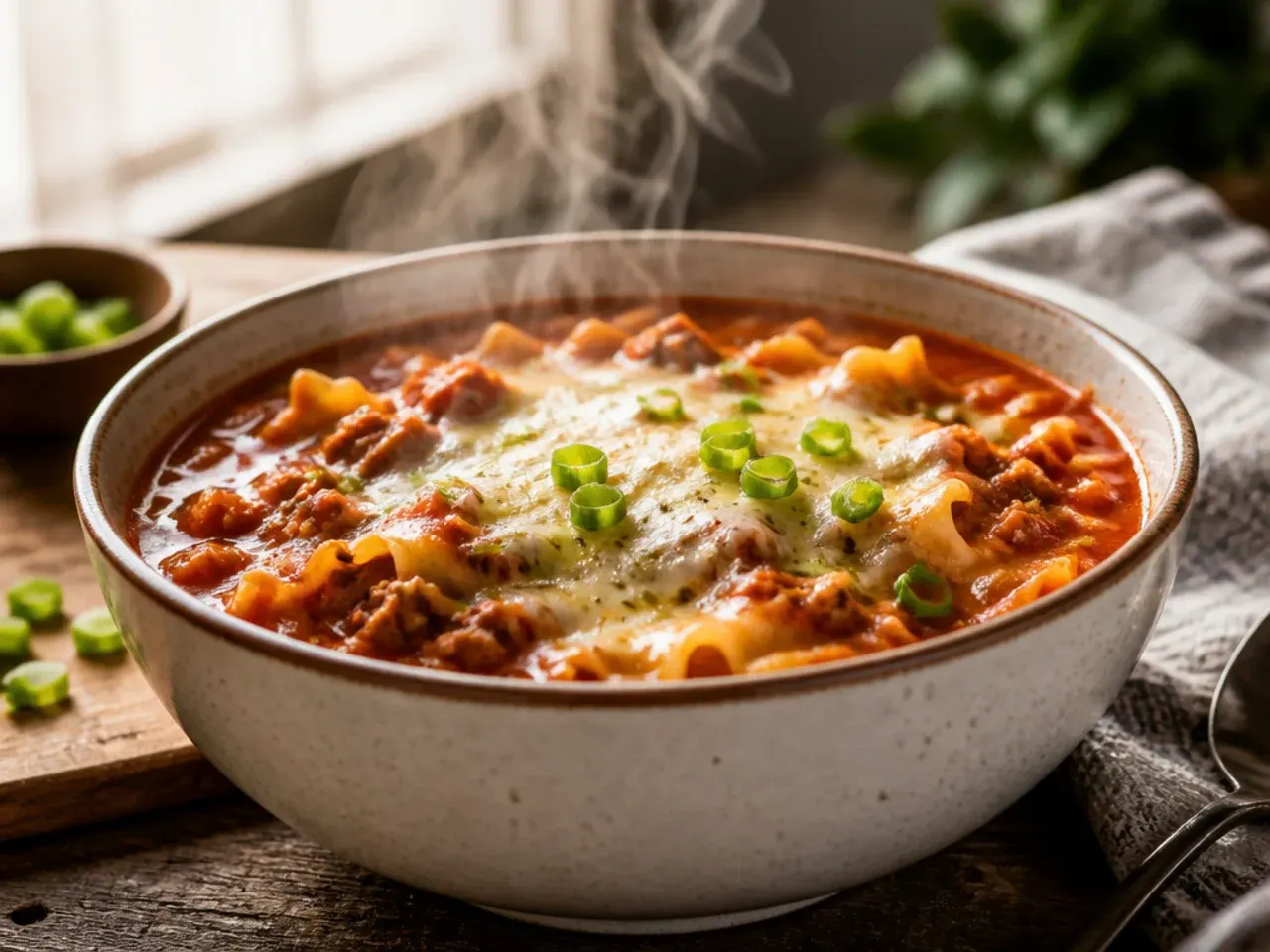 Large stockpot of family-size lasagna soup with a ladle resting inside, serving a crowd.
