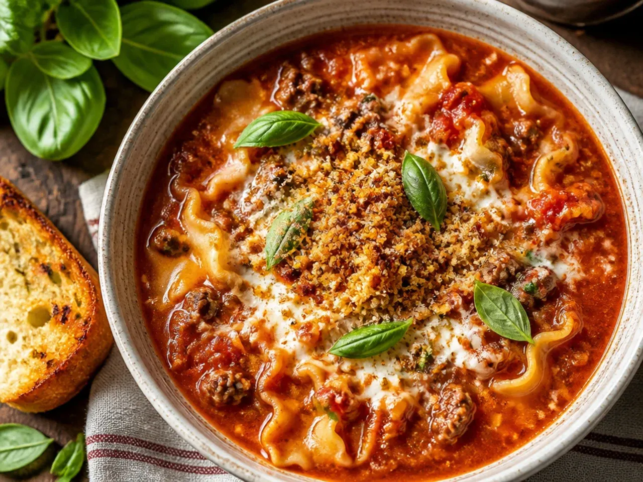 Deep red, richly coloured lasagna soup with roasted garlic stirred through the tomato broth.
