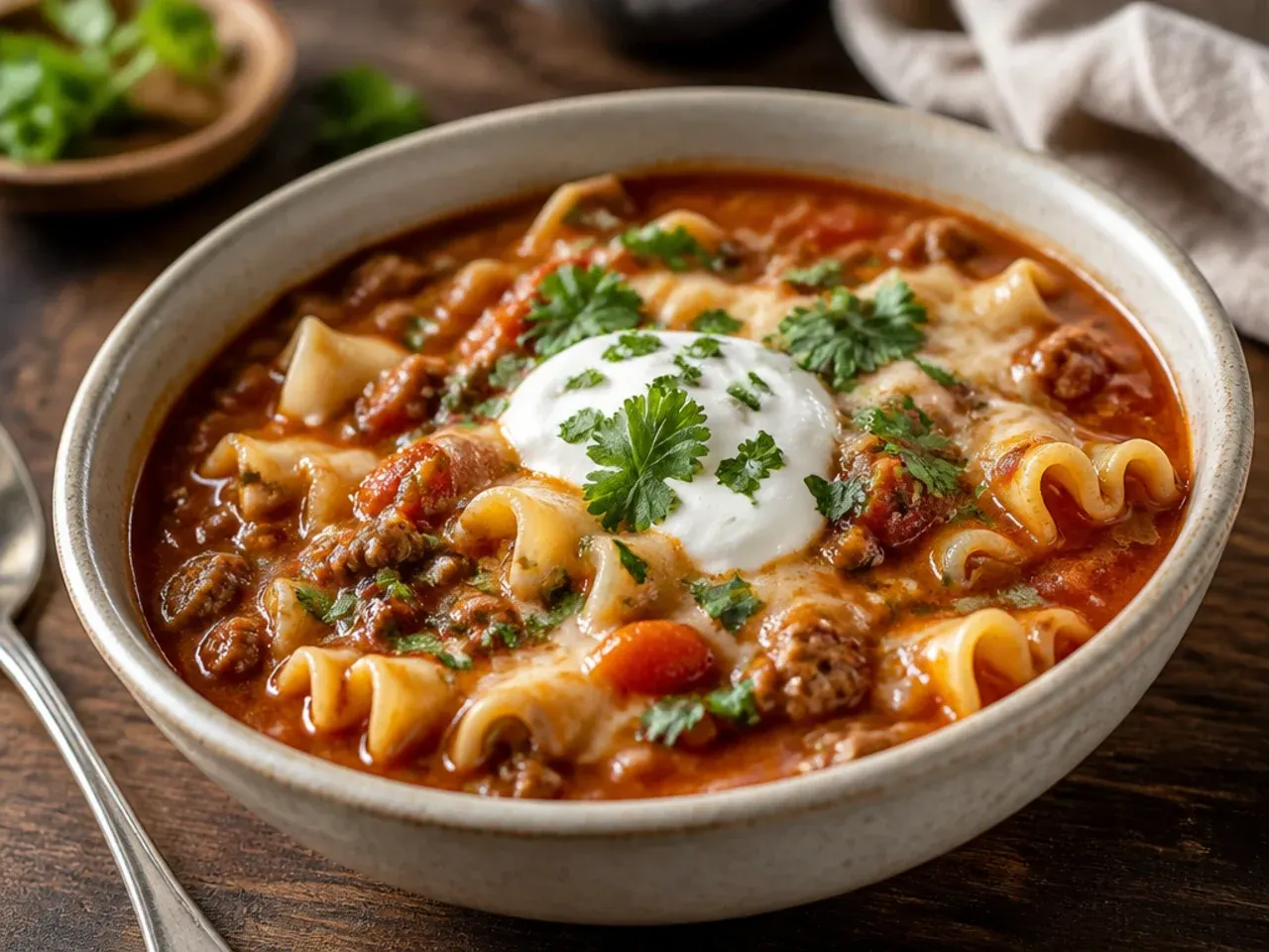 Broken lasagna noodles being stirred directly into simmering broth in a single pot.