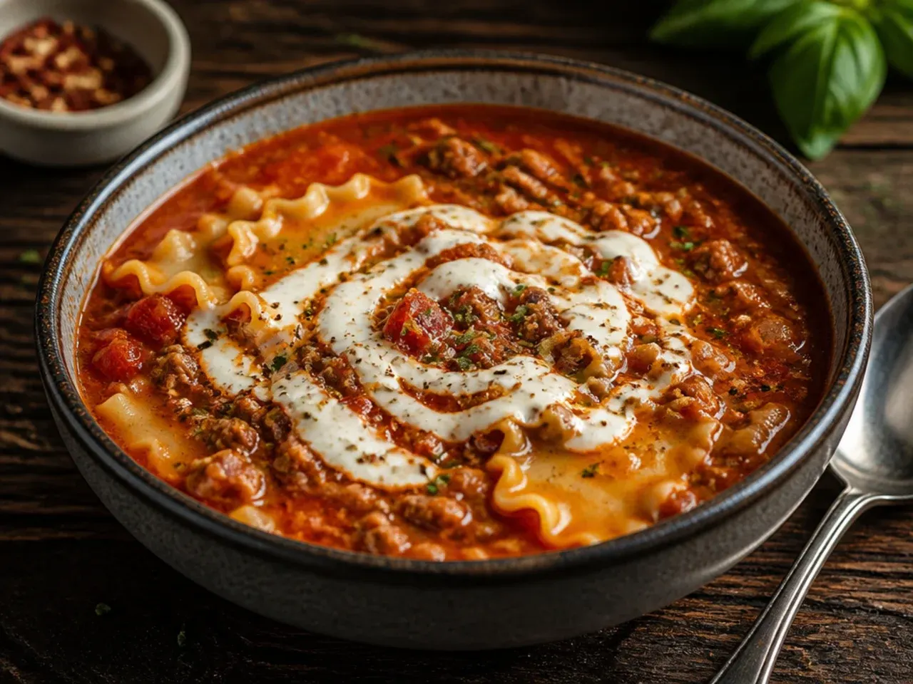 Spicy arrabbiata lasagna soup topped with red chilli flakes and a drizzle of chilli oil.