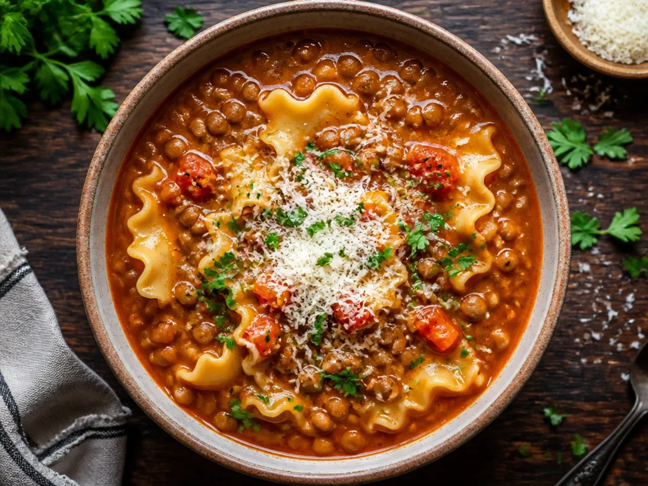 Vegetarian lentil lasagna soup showing lentils and tomato broth in place of meat.