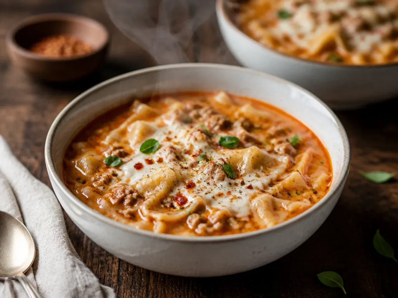 Bowl of gluten-free lasagna soup made with alternative pasta sheets.