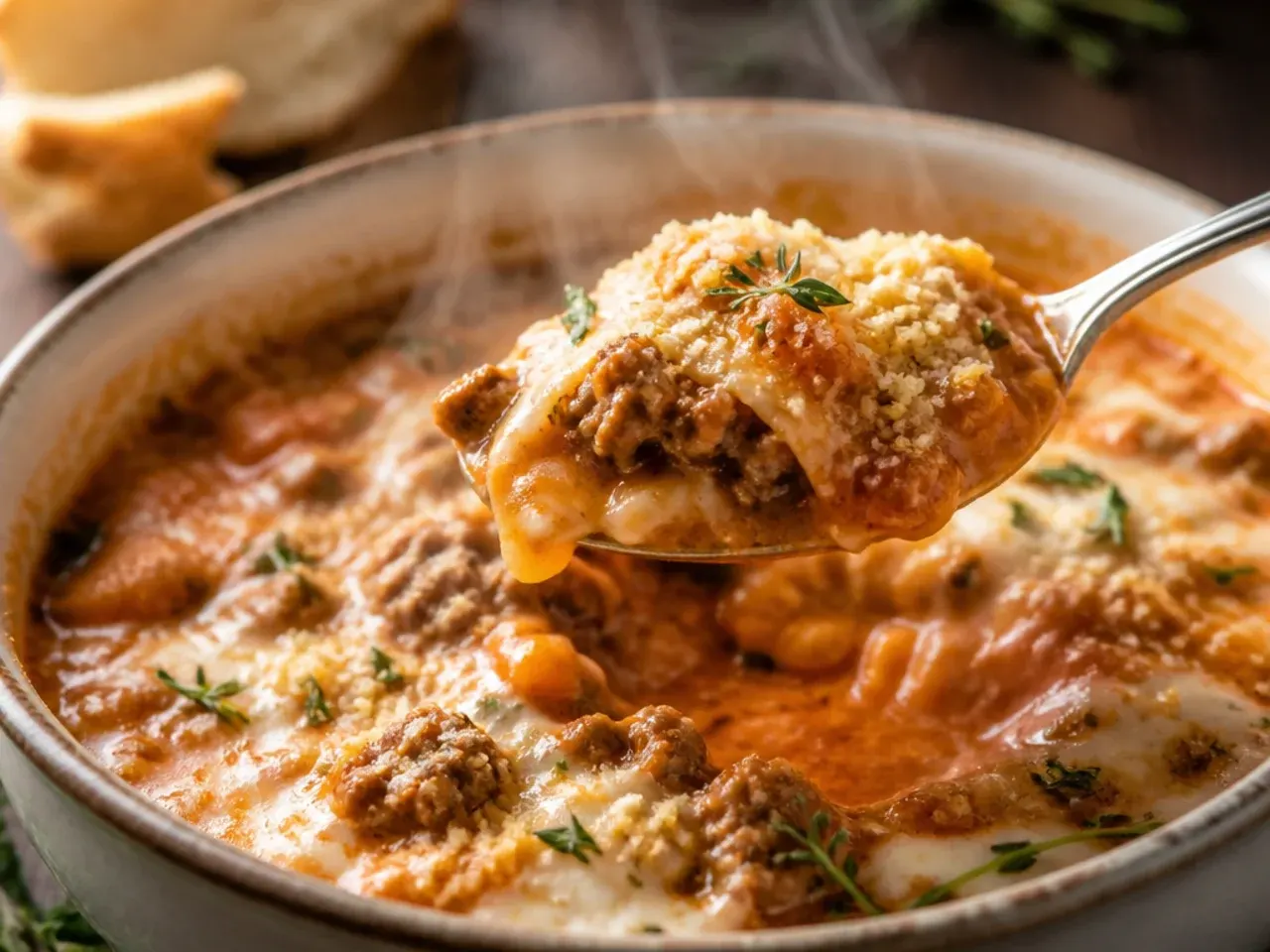 Low-carb lasagna soup made with cauliflower rice instead of pasta noodles.
