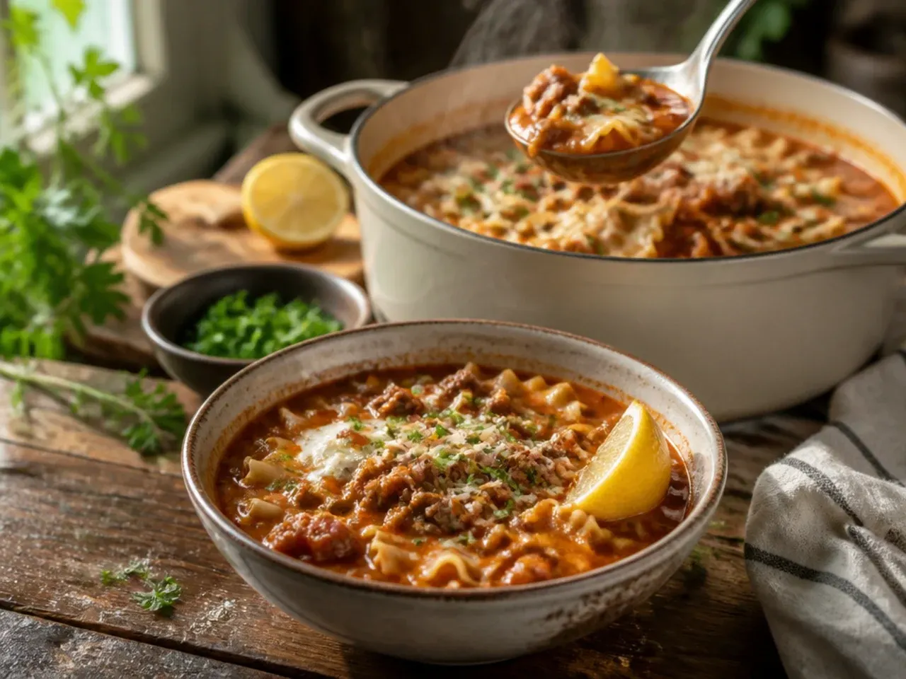 Smoky bacon and beef lasagna soup topped with crispy bacon crumbles.