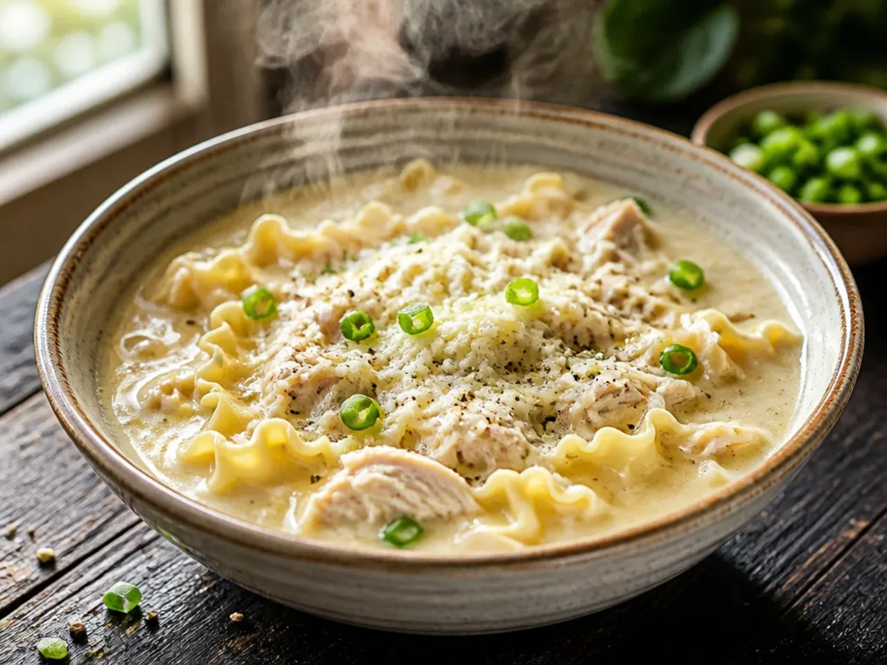 Creamy white lasagna soup without tomato, showing a pale broth with chicken and spinach.